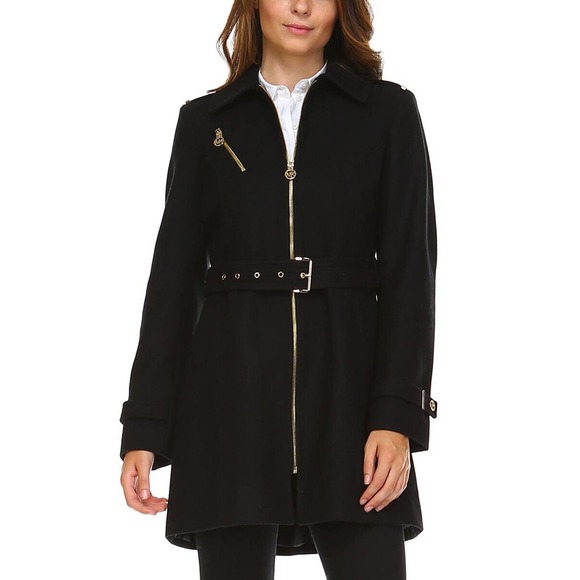 Michael Kors Jackets & Blazers - Michael Kors Wool Blend Trench Coat Black Gold Belted Women's Size Medium